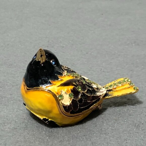 Bird Enameled Trinket box Black Head Yellow Wings Bejeweled - Picture 1 of 10